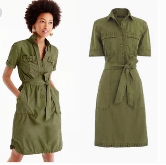 J. CREW Utility Shirt Ruffle Belted Dress - Khaki - Picture 1 of 8